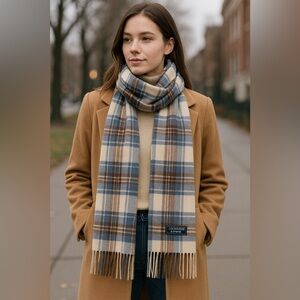 100% Cashmere Plaid Scarf – Blue Multi Check, Soft Luxury Winter Wrap EUC #2481